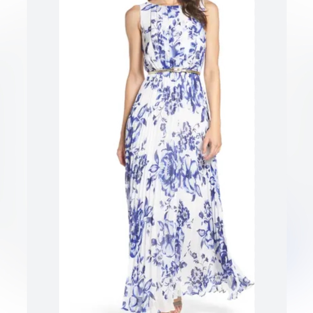 Eliza J White Maxi Dress with Blue Floral Print